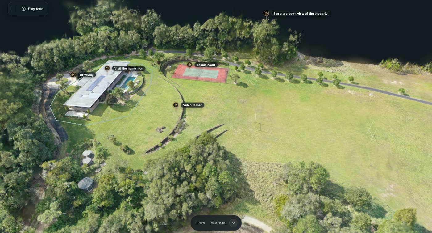 Ridgeview in Site Atlas: a house, pool and tennis court seen from above, with pins for the home, the driveway, the tennis court and a video